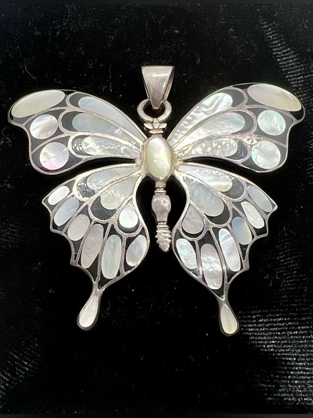Vintage Sterling Silver 925 MOP Black Onyx Butterfly Pendant Huge Statement 22g